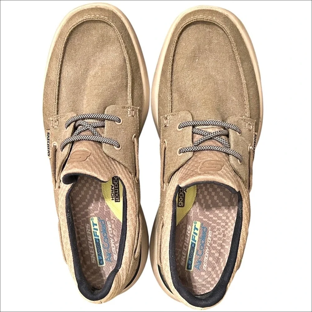Skechers Bellinger Garmo Boat Shoes Mens 10 Tan Brown Slip On Canvas Memory Foam